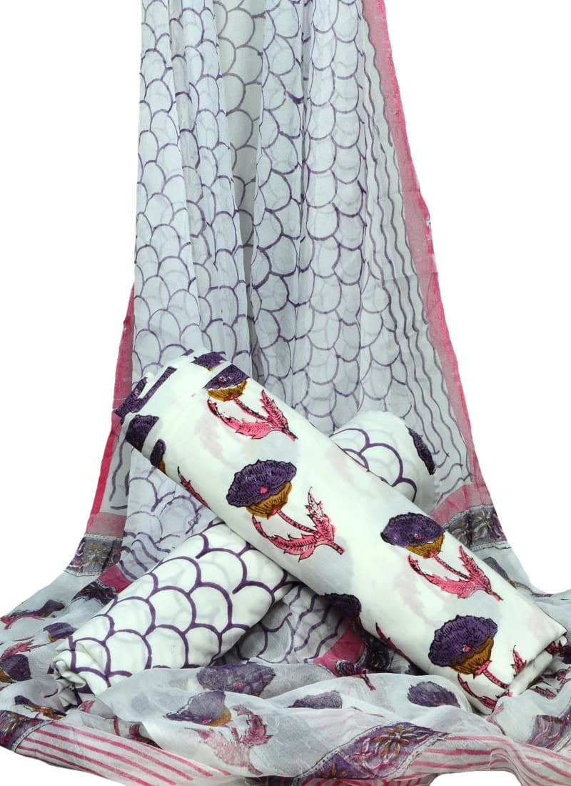 White Floral Print HandBlock Pure Cotton Unstitched Suit With Chiffon Dupatta - JBGC18