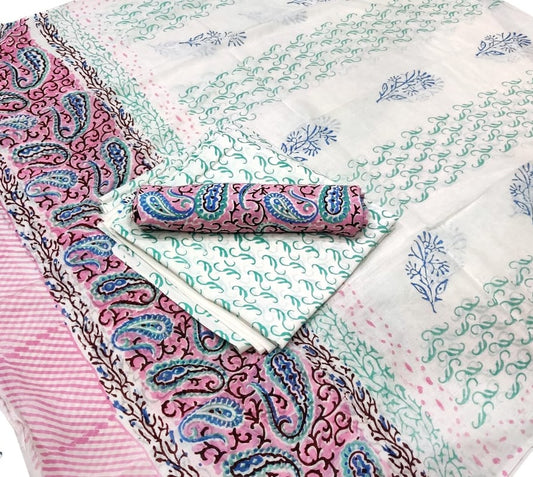 Pure Cotton Hand Block Printed Unstitched Salwar Suit Set With Cotton/Mulmul Dupatta - JBG219