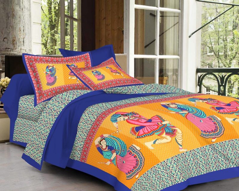 Blue Pure Cotton Dhola Maru Print Double Bedsheet With Pillow Covers