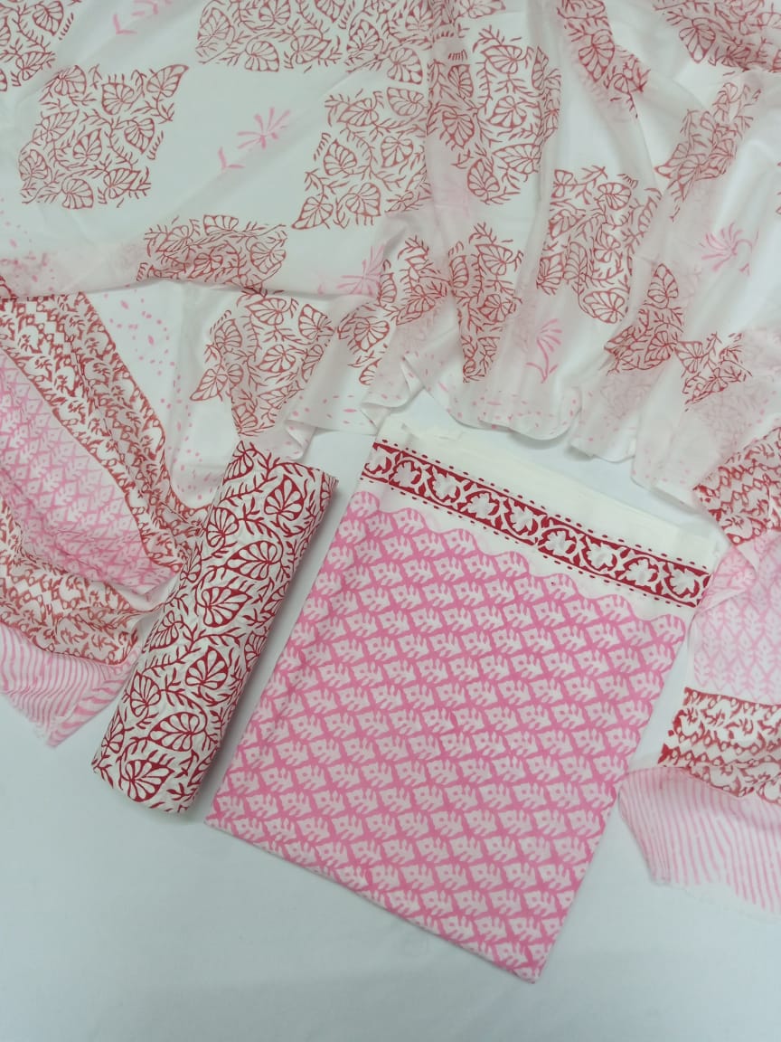 Pink Small Buti Hand Block Printed Pure Cotton Unstitched Salwar Suit with Chiffon Dupatta - JB32