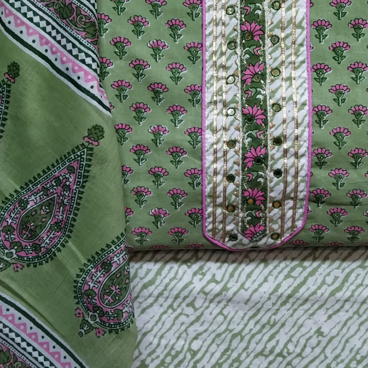 Small Buti Print Floral Cotton Hand Block Printed Gota Patti Suits with Cotton Dupatta- JBXGP86