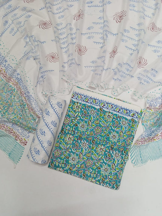 Sea Green Floral Hand Block Printed Pure Cotton Unstitched Salwar Suit with Chiffon Dupatta - JB63