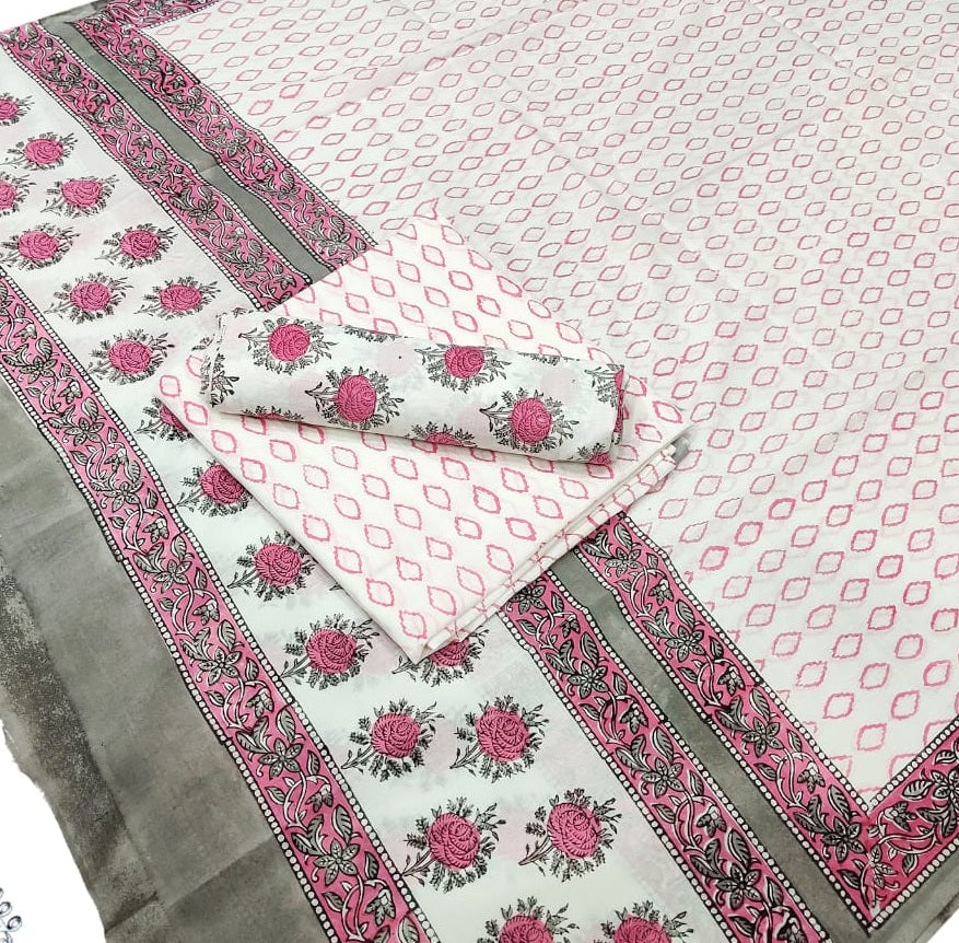 Hand Block Printed Pure Cotton Suit Set With Mulmul Dupatta - JBG216