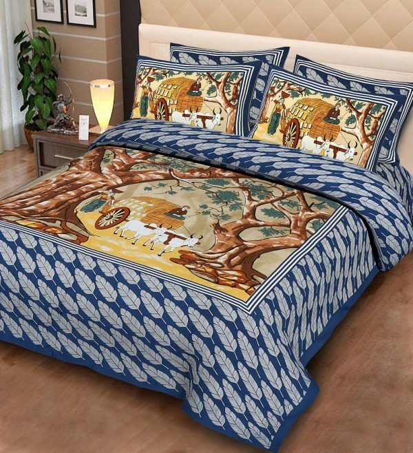 Village Pattern Blue Cotton Double Jaipuri Bedsheet With Pillow Covers