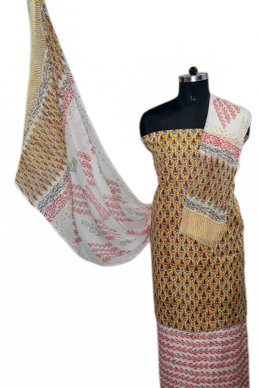Floral Block Print Salwar suits with Mulmul Dupatta - JB318