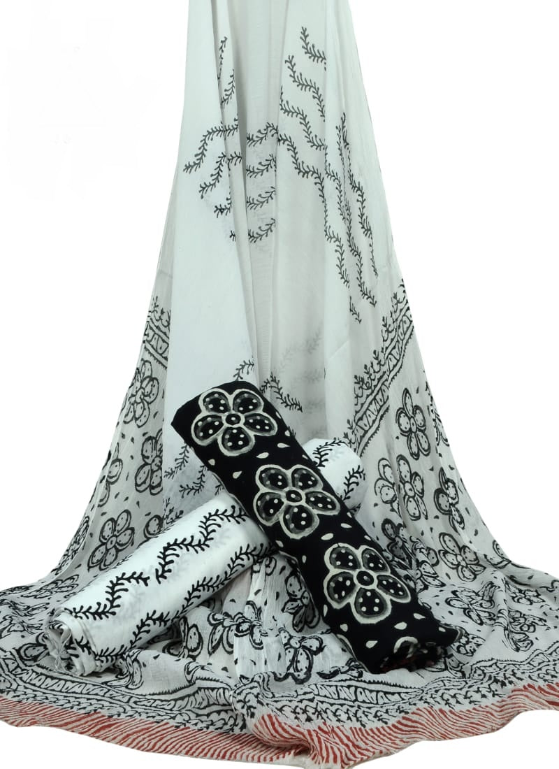 Hand Block Printed Pure Cotton Unstitched Suit With Chiffon Dupatta - JBGC152