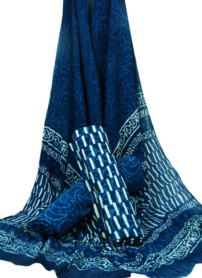Indigo Blue Hand Block Printed Pure Cotton Unstitched Suit With Chiffon Dupatta - JBGC17