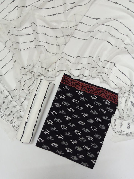 Black & White Hand Block Printed Unstitched Pure Cotton Suit with Chiffon Dupatta - JB76