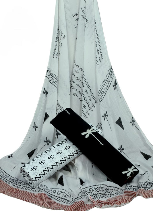 Cotton Unstitched Hand Block Printed Suit With Chiffon Dupatta - JBGC151