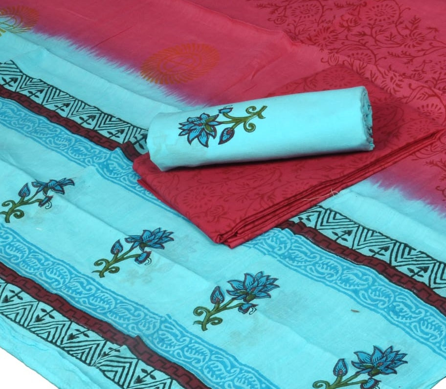 Hand Block Printed Pure Cotton Unstitched Salwar Suit Set With Cotton/Mulmul Dupatta - JBG213
