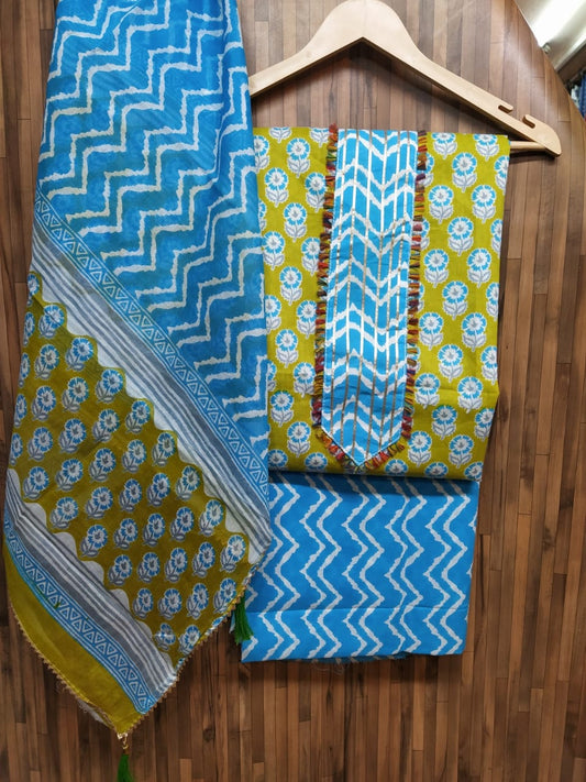 Small Buti Print Floral Cotton Hand Block Printed Gota Patti Suits with Cotton Dupatta- JBXGP84