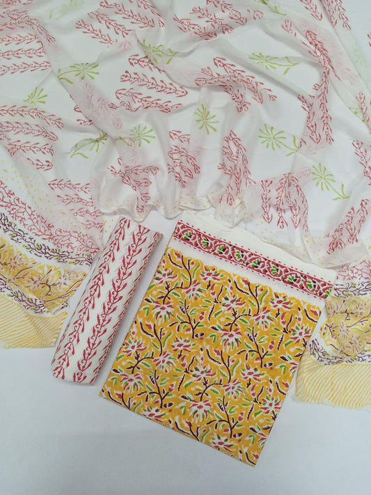 Yellow Floral Hand Block Printed Pure Cotton Unstitched Salwar Suit with Chiffon Dupatta - JB64
