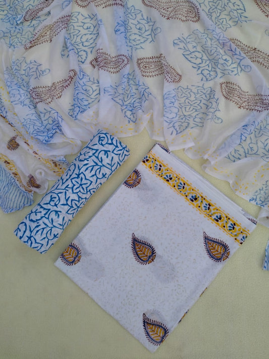 Floral Unstitched Cotton Block print suit with chiffon dupatta - JB98