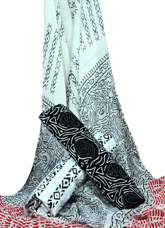 Cotton Unstitched Hand Block Printed Suit With Chiffon Dupatta - JBGC148