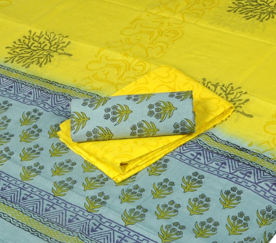 Pure Cotton Hand Block Printed Unstitched Salwar Suit Set With Cotton/Mulmul Dupatta - JBG151