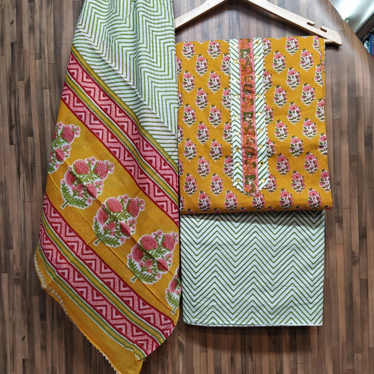 Small Buti Print Floral Cotton Hand Block Printed Gota Patti Suits with Cotton Dupatta- JBXGP83