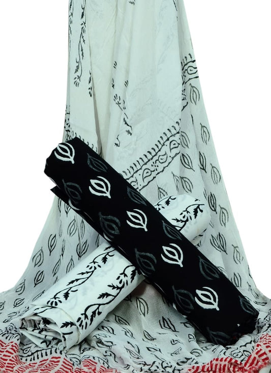 Hand Block Printed Pure Cotton Unstitched Suit With Chiffon Dupatta - JBGC147