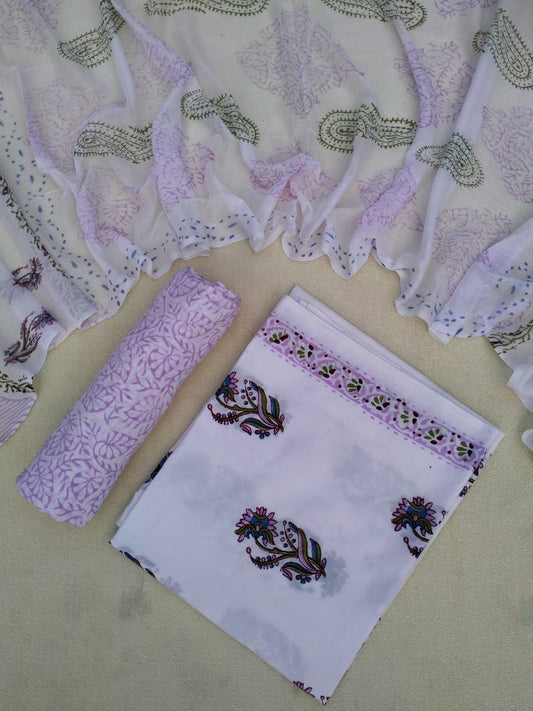 Cotton Hand block print salwar suit with chiffon dupatta - JB99
