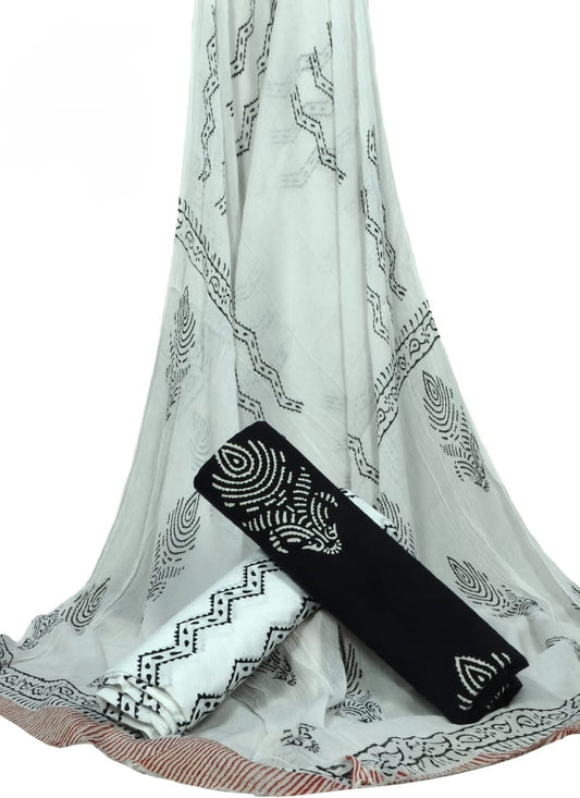 Hand Block Printed Pure Cotton Unstitched Suit With Chiffon Dupatta - JBGC146