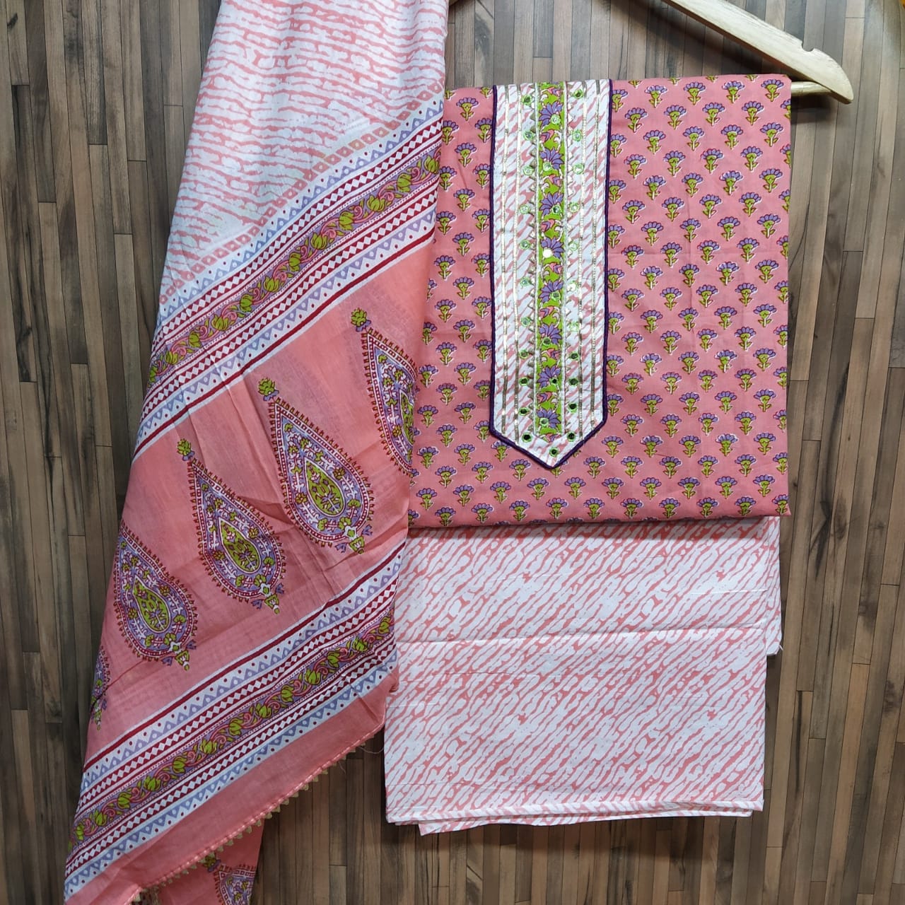 Small Buti Print Floral Cotton Hand Block Printed Gota Patti Suits with Cotton Dupatta- JBXGP82