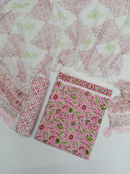 Pink with Red Florals Hand Block Printed Pure Cotton Unstitched Salwar Suit with Chiffon Dupatta - JB50