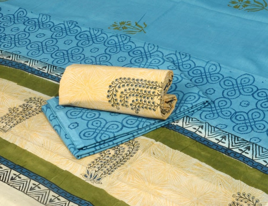 Pure Cotton Hand Block Printed Unstitched Salwar Suit Set With Cotton/Mulmul Dupatta - JBG209