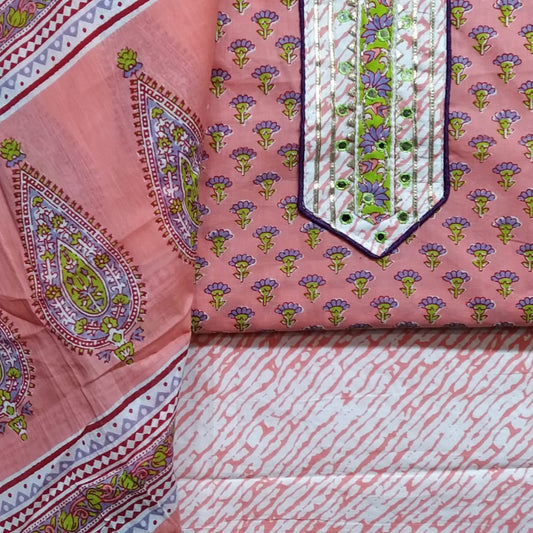 Small Buti Print Floral Cotton Hand Block Printed Gota Patti Suits with Cotton Dupatta- JBXGP82