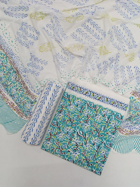 Sea Green with Blue Florals Hand Block Printed Pure Cotton Unstitched Salwar Suit with Chiffon Dupatta - JB72