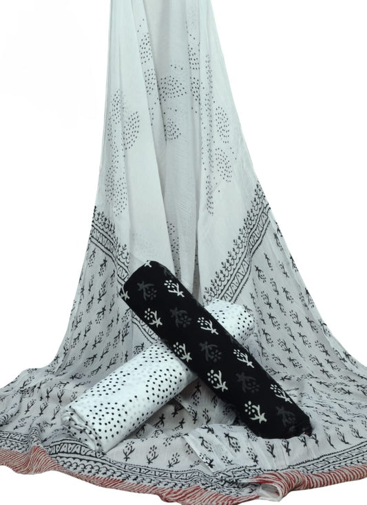 Hand Block Printed Pure Cotton Unstitched Suit With Chiffon Dupatta - JBGC143