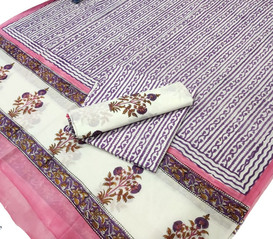 Hand Block Printed Pure Cotton Unstitched Salwar Suit Set With Cotton/Mulmul Dupatta - JBG207
