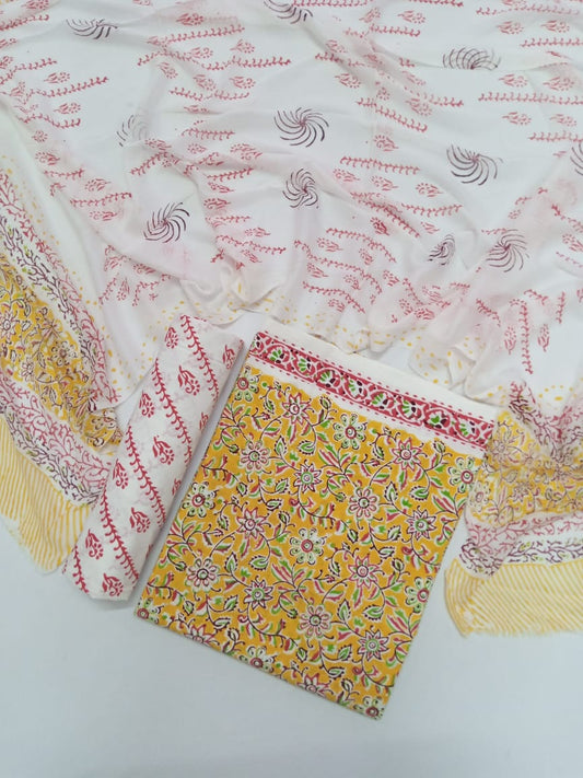Yellow Florals Hand Block Printed Pure Cotton Unstitched Salwar Suit with Chiffon Dupatta - JB61