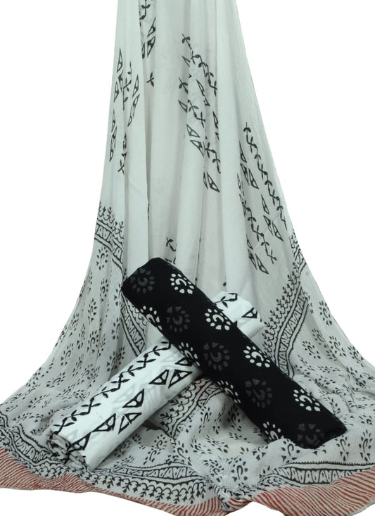 Cotton Unstitched Hand Block Printed Suit With Chiffon Dupatta - JBGC142