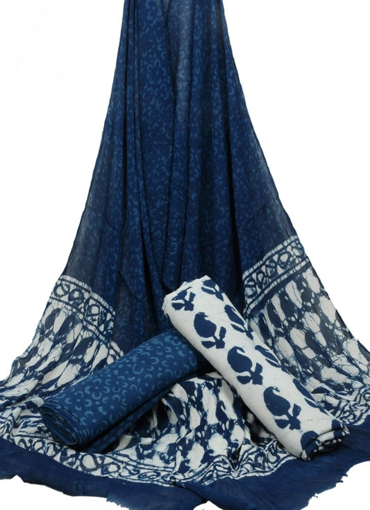 Indigo Blue Hand Block Printed Pure Cotton Unstitched Suit With Chiffon Dupatta - JBGC16