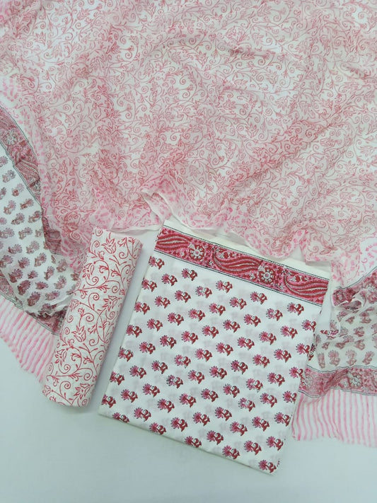 White Base Peach Small Buti Hand Block Printed Pure Cotton Unstitched Salwar Suit with Chiffon Dupatta - JB60