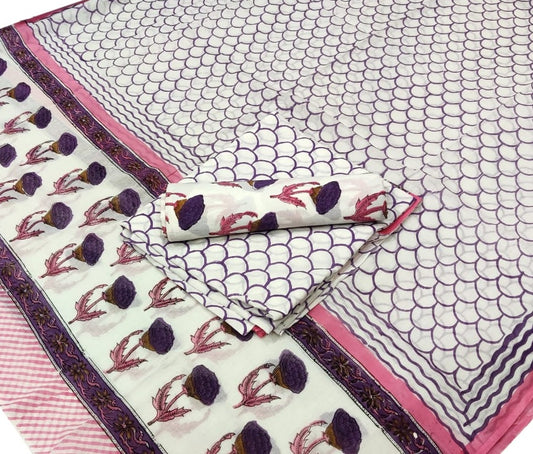 Hand Block Cotton Unstitched Salwar Suit With Cotton/Mulmul Dupatta - JBG205