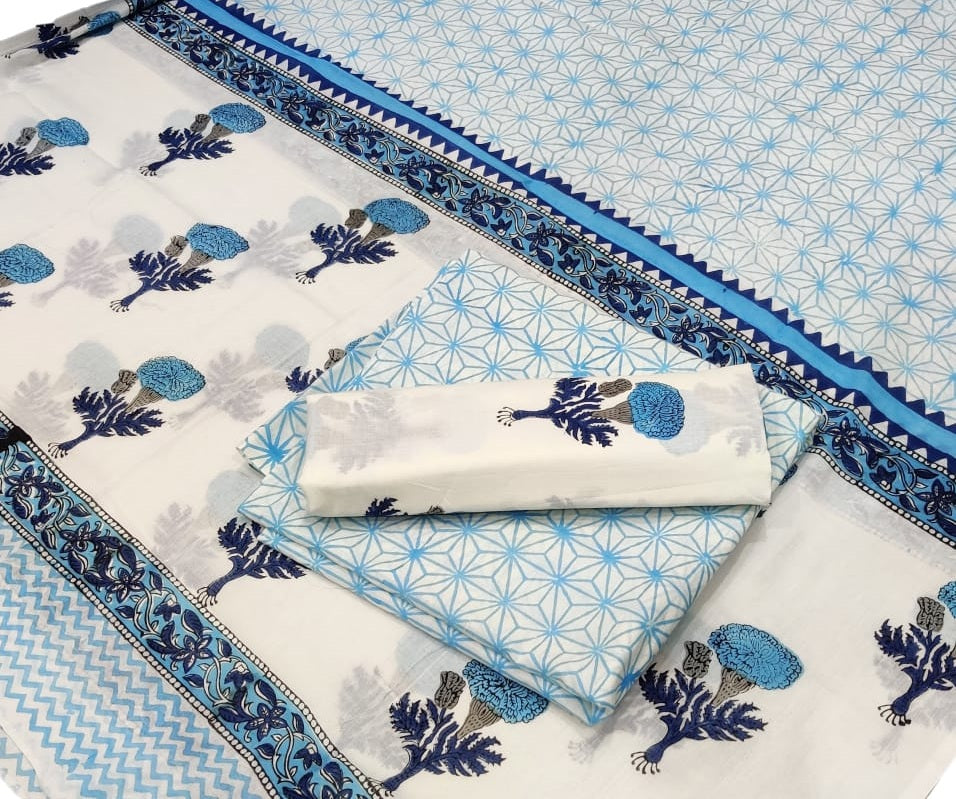Hand Block Printed Pure Cotton Unstitched Salwar Suit Set With Cotton/Mulmul Dupatta - JBG204