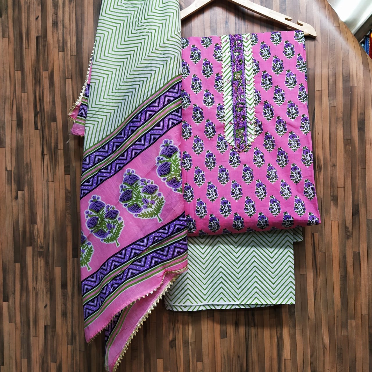 Small Buti Floral Design Cotton Hand Block Printed Gota Patti Suits with Cotton Dupatta- JBXGP79