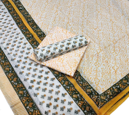 Pure Cotton Hand Block Printed Unstitched Salwar Suit Set With Cotton/Mulmul Dupatta - JBG203