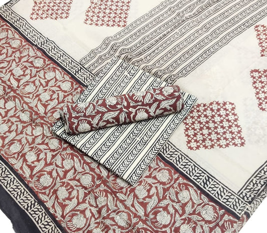 Hand Block Printed Pure Cotton Unstitched Salwar Suit Set With Cotton/Mulmul Dupatta - JBG201