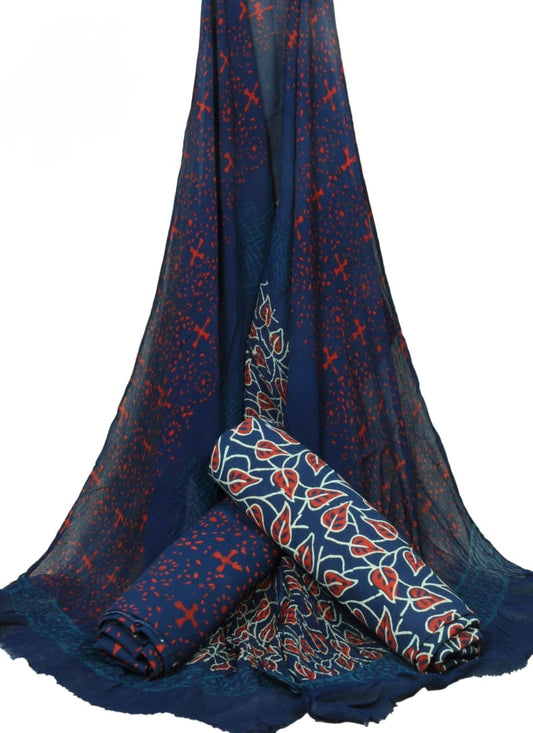Cotton Unstitched Hand Block Printed Suit With Chiffon Dupatta - JBGC136