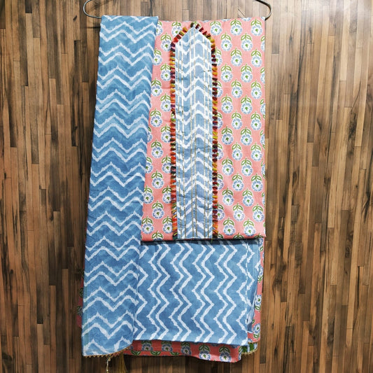Small Buti Floral Design Cotton Hand Block Printed Gota Patti Suits with Cotton Dupatta- JBXGP77