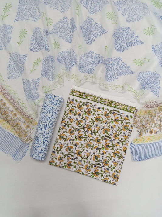 White Base with Yellow Ditsy Pattern Hand Block Printed Unstitched Cotton Suit with Chiffon Dupatta - JB85