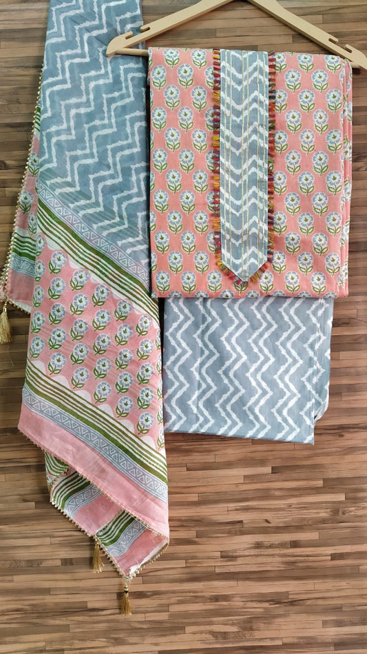 Small Buti Floral Design Cotton Hand Block Printed Gota Patti Suits with Cotton Dupatta- JBXGP76
