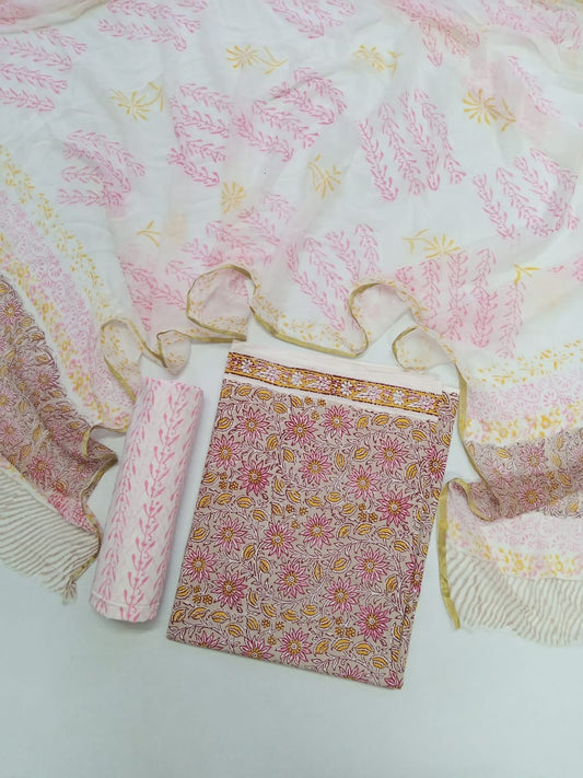 Beige with Pink Florals Kalamkari Hand Block Printed Unstitched Cotton Suit with Chiffon Dupatta - JB86