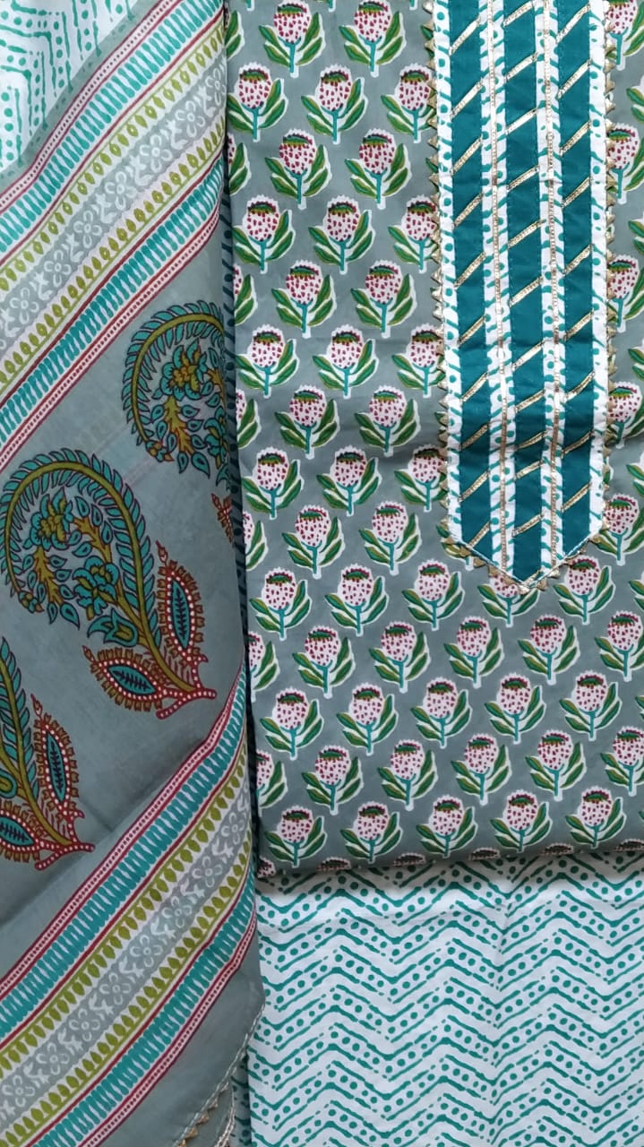 Small Buti Floral Design Cotton Hand Block Printed Gota Patti Suits with Cotton Dupatta- JBXGP75