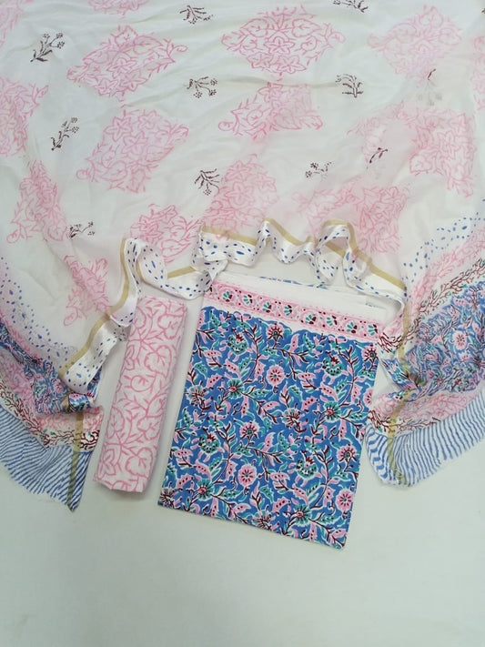 Blue with Pink Florals Kalamkari Jaal Hand Block Printed Unstitched Cotton Suit with Chiffon Dupatta - JB87