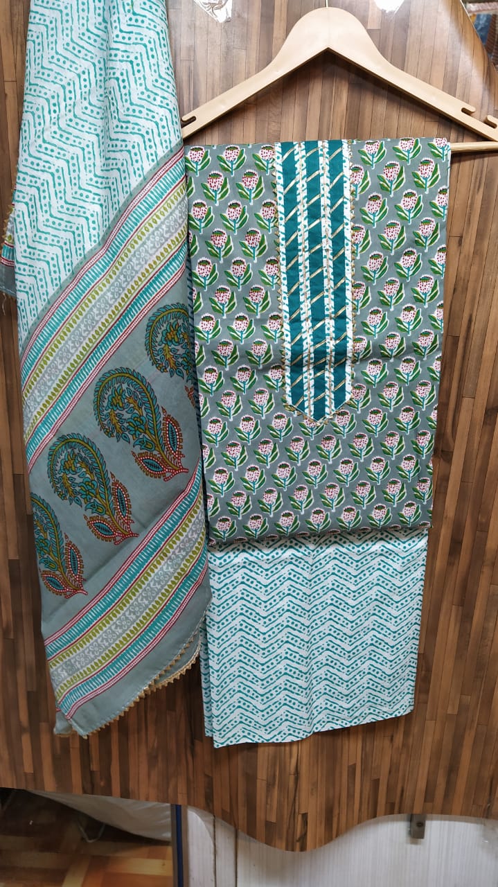 Small Buti Floral Design Cotton Hand Block Printed Gota Patti Suits with Cotton Dupatta- JBXGP75