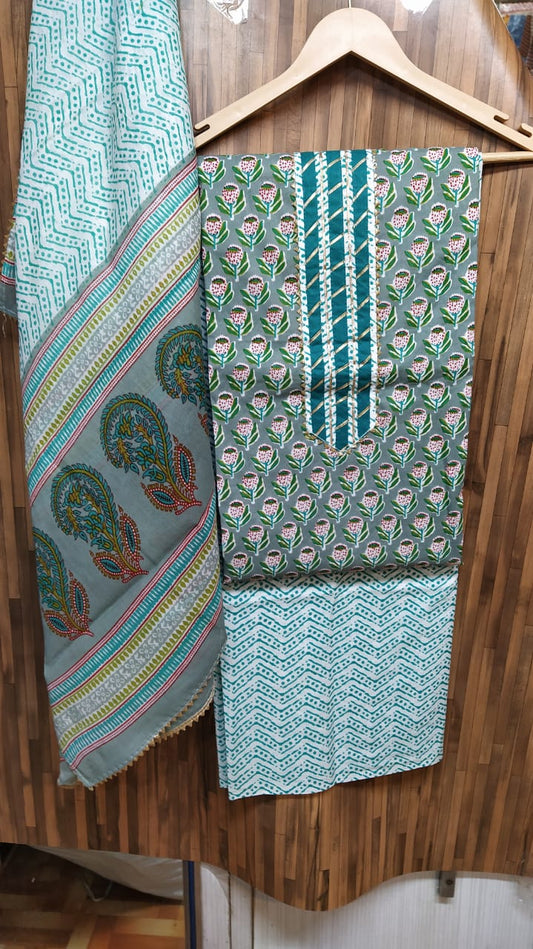 Small Buti Floral Design Cotton Hand Block Printed Gota Patti Suits with Cotton Dupatta- JBXGP75