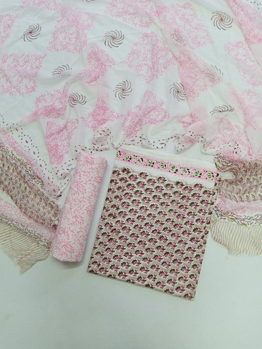 Beige Small Paisley Buti Hand Block Printed Unstitched Cotton Suit with Chiffon Dupatta - JB88