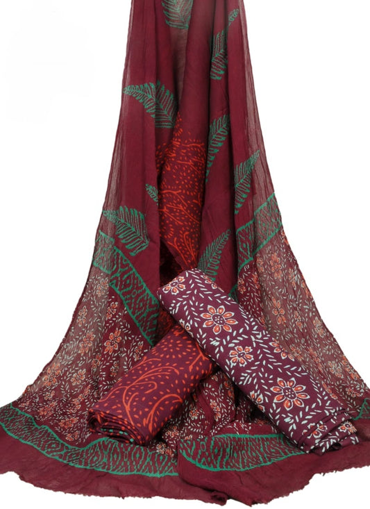 Hand Block Printed Pure Cotton Unstitched Suit With Chiffon Dupatta - JBGC132